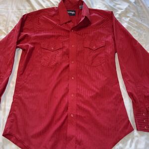 Vintage Wrangler Western Pearl Snap Shirt Red Vertical Stripe Long Sleeve M